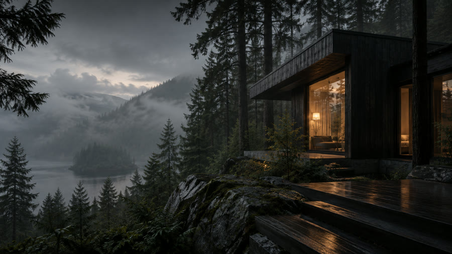 Warmly illuminated architectural retreat among dark green trees