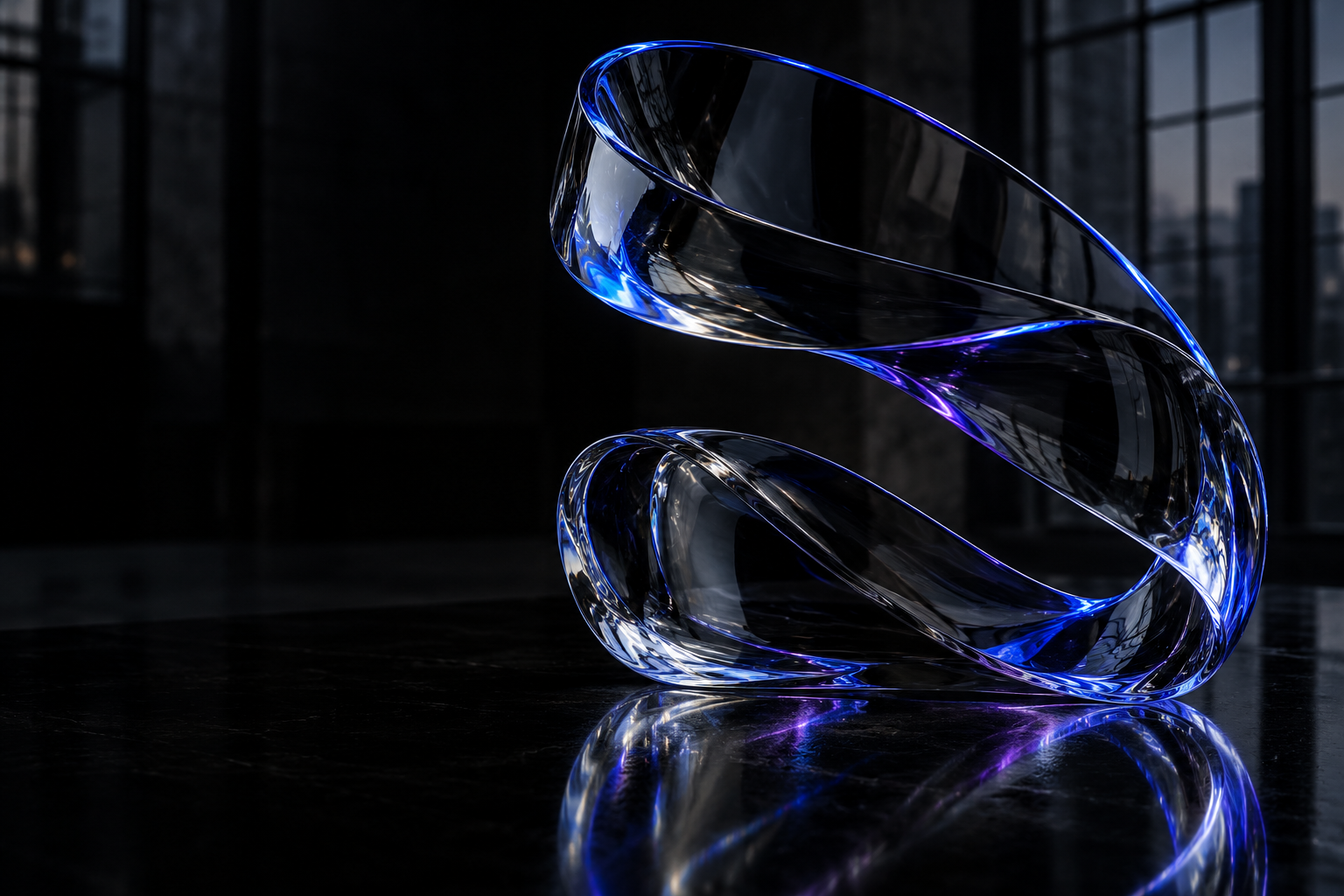 An illuminated cobalt glass ribbon reflected on a midnight surface