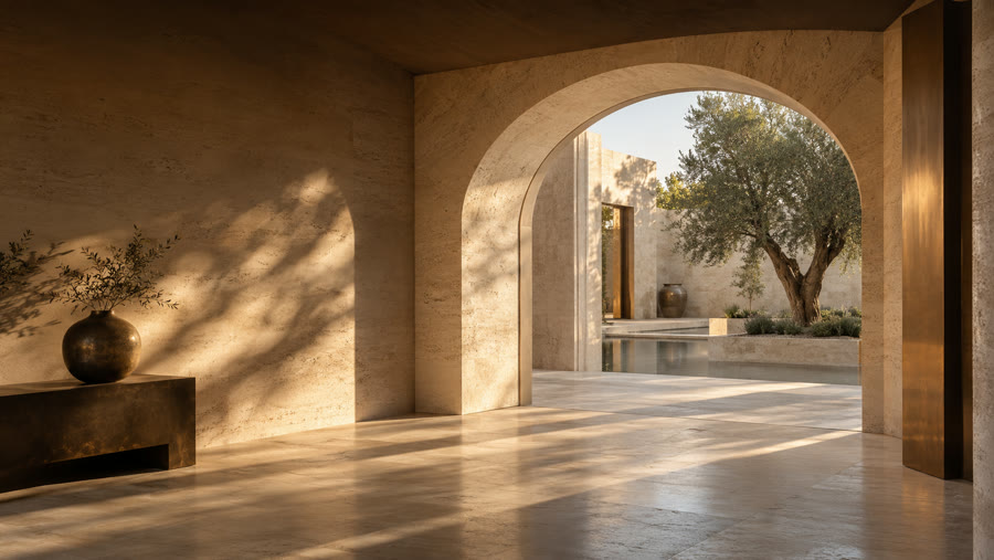 An olive tree beyond a stone arch