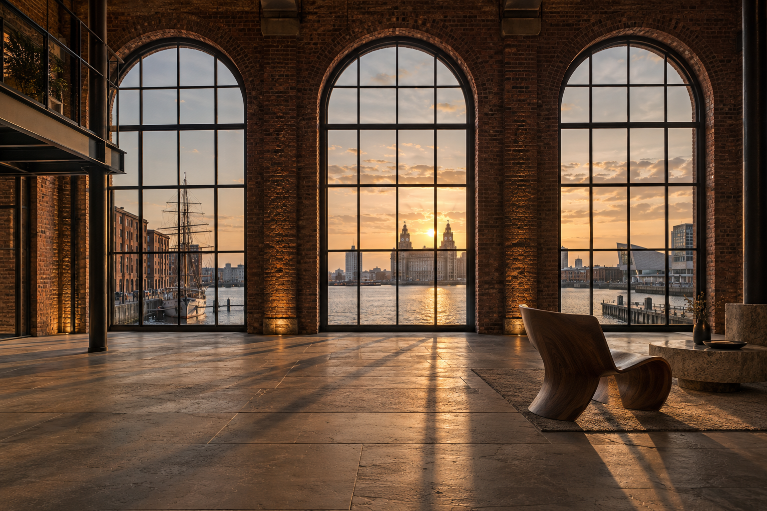 Arched warehouse windows overlooking Liverpool in warm sunset light