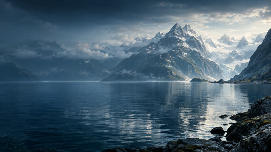 Mountain peaks reflected in still blue water