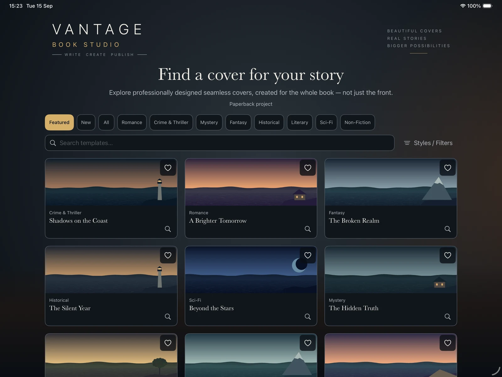 Vantage Book Studio development interface on iPad, showing the book cover template gallery