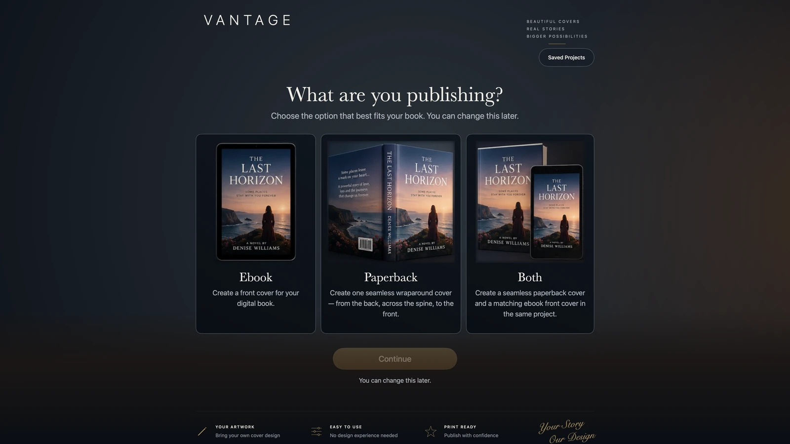 Vantage Book Studio screenshot showing Ebook, Paperback and Both publishing options with populated book and ebook previews