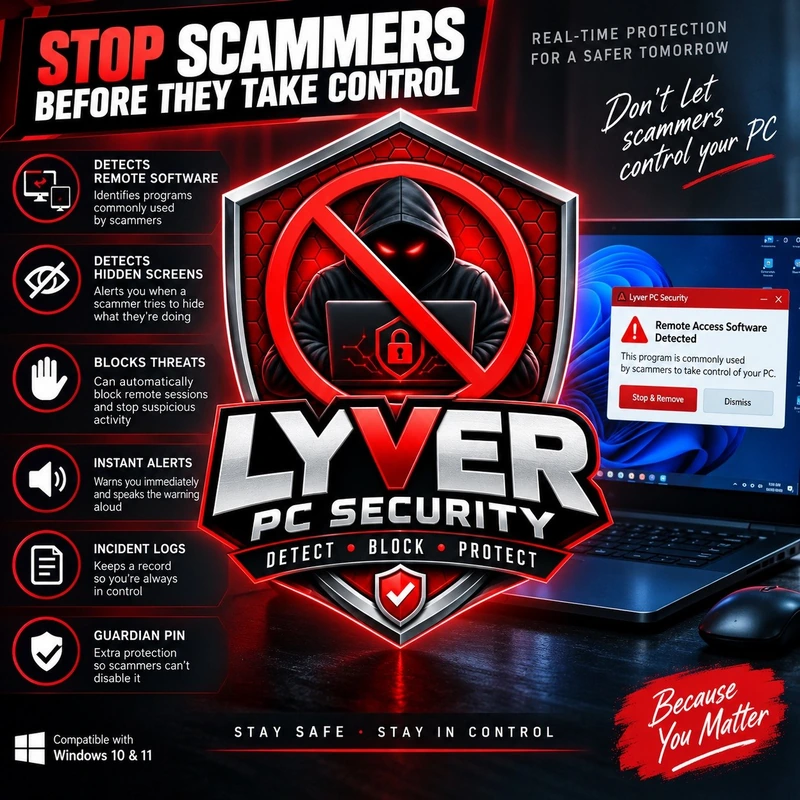 Lyver PC Security promotional poster with red shield branding, security feature descriptions and a laptop illustration displaying a Windows remote-access warning