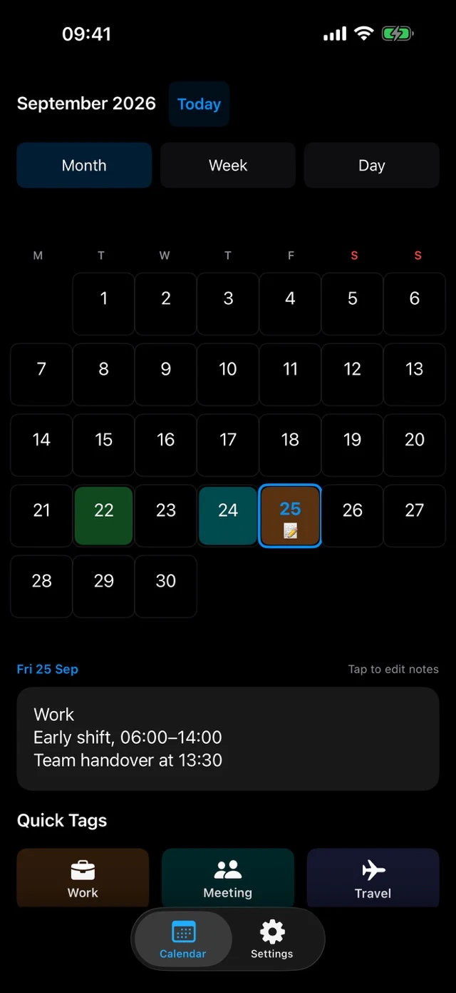 Published Shift Manager Lite iPhone screenshot showing calendar notes, an early shift and Quick Tags
