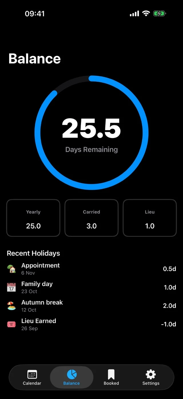 Published Shift Manager Pro iPhone screenshot showing the annual leave balance dashboard and booked holiday records
