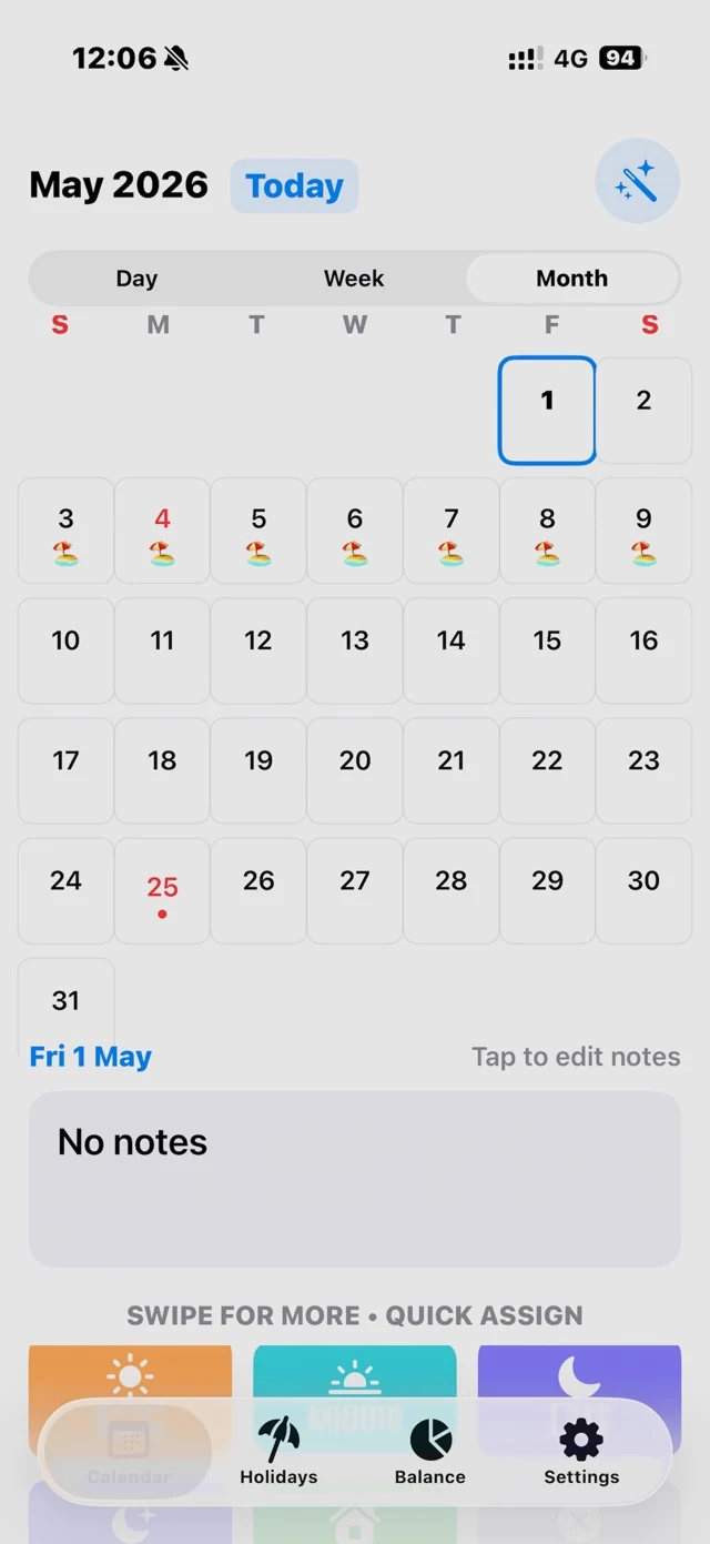 Published My Work Diary iPhone screenshot showing its work calendar, holidays and quick shift assignment