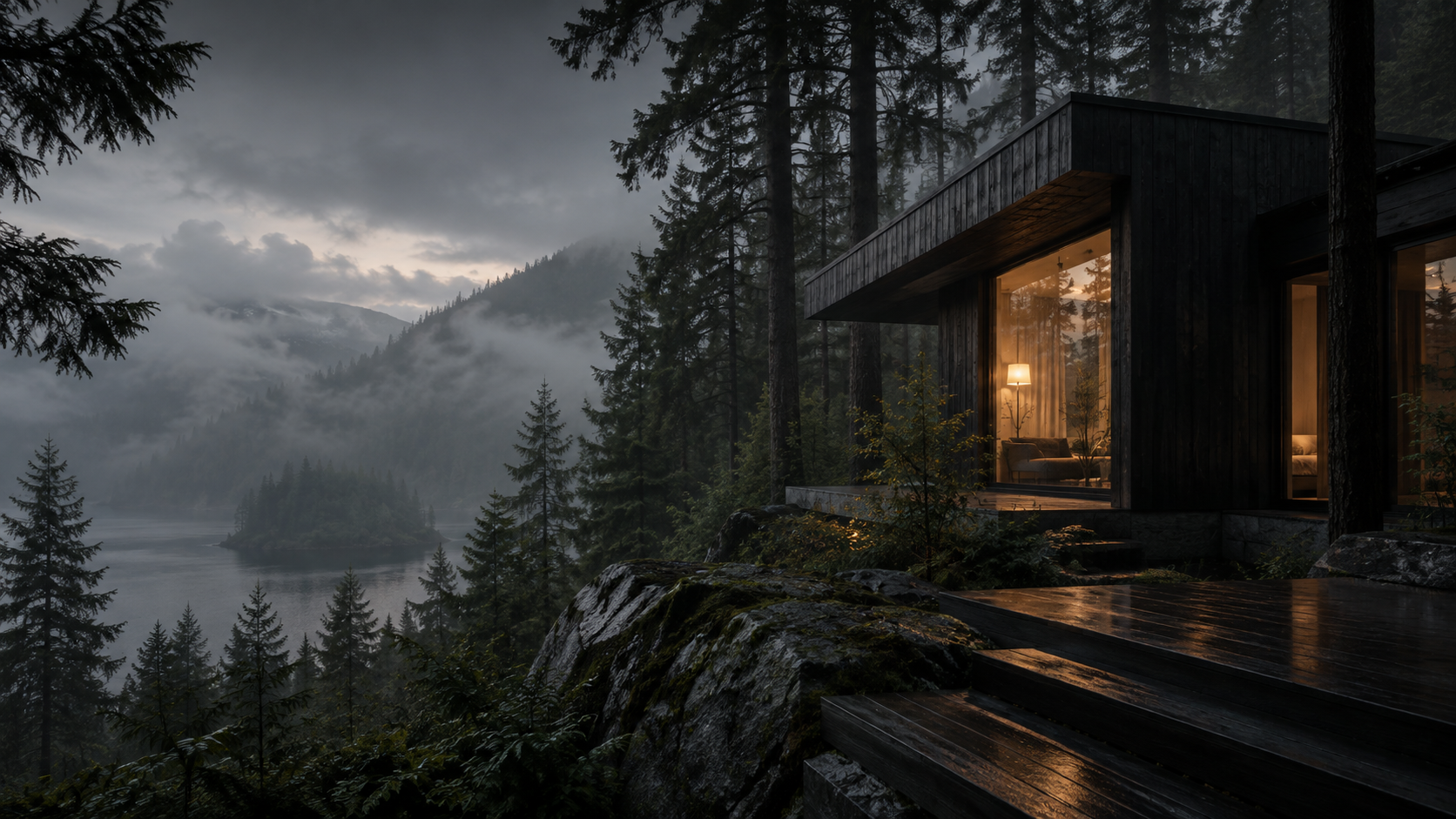 Dark timber retreat among misty forest-green conifers