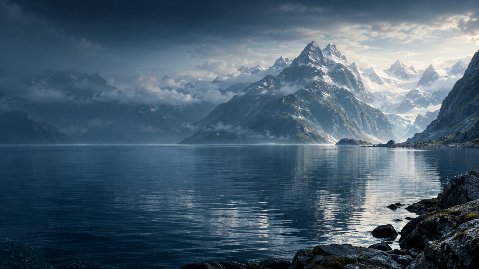 Cool blue fjord beneath misty mountains
