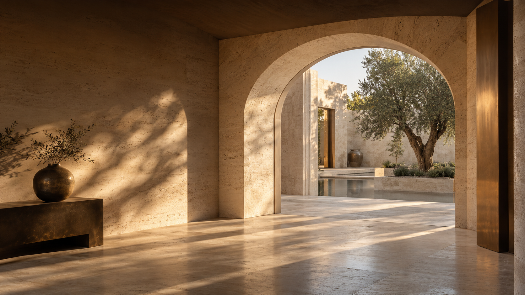 Warm limestone arches opening onto a sunlit courtyard
