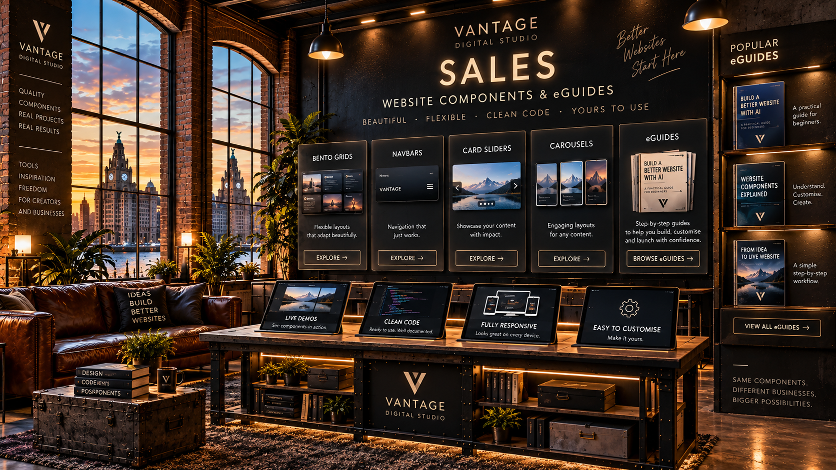Approved Vantage Liverpool showroom: sunset warehouse windows, leather sofa, five illuminated component and eGuide displays, and four demonstrations across an industrial workbench.